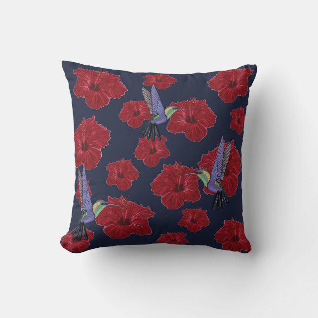 Hummingbirds Hibiscus Floral Art Throw Pillow (Front)