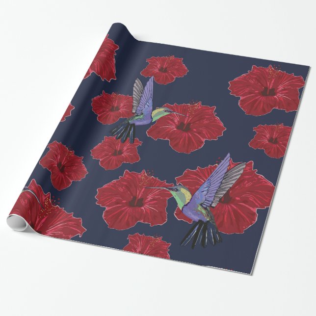 Hummingbirds Hibiscus Floral Art Wrapping Paper (Unrolled)