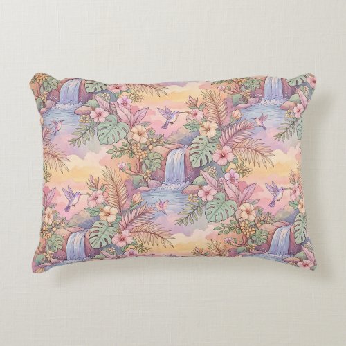 Hummingbirds Hibiscus Waterfall Cheerful Accent Pillow
