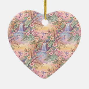 Hummingbirds Hibiscus Waterfall Cheerful Ceramic Ornament