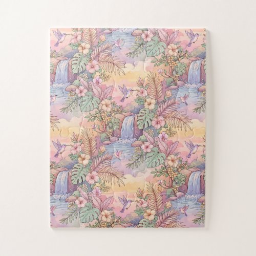 Hummingbirds Hibiscus Waterfall Cheerful Jigsaw Puzzle