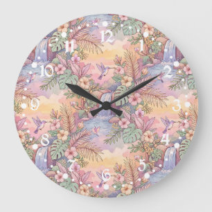 Hummingbirds Hibiscus Waterfall Cheerful  Large Clock