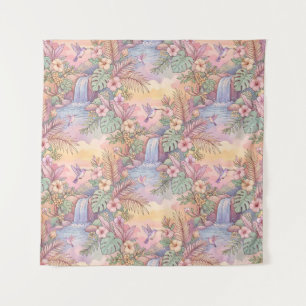 Hummingbirds Hibiscus Waterfall Cheerful  Tapestry