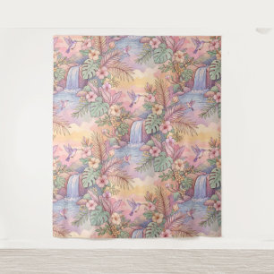 Hummingbirds Hibiscus Waterfall Cheerful  Tapestry