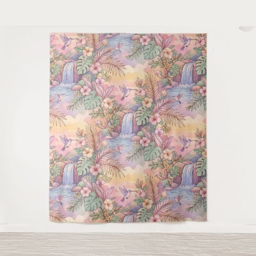 Hummingbirds Hibiscus Waterfall Cheerful Tapestry
