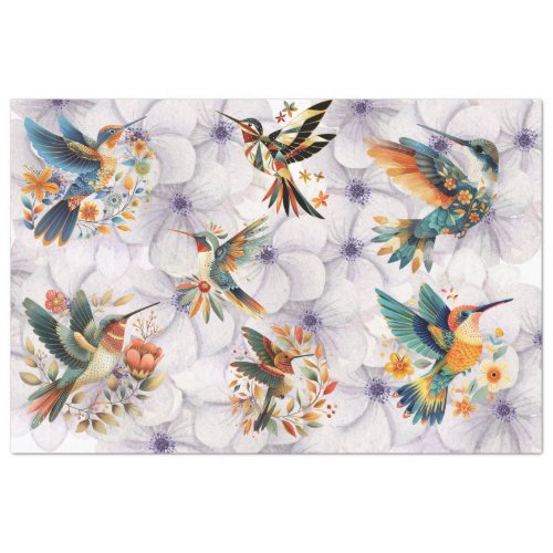 Hummingbirds In Flight on Floral Background Tissue Paper