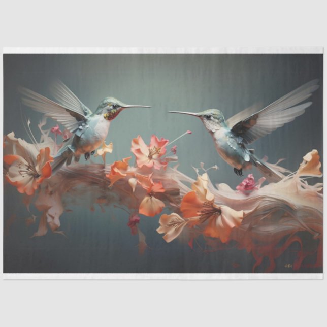 Hummingbirds in Flight Orange Flowers #2 Decoupage Tissue Paper (Front)