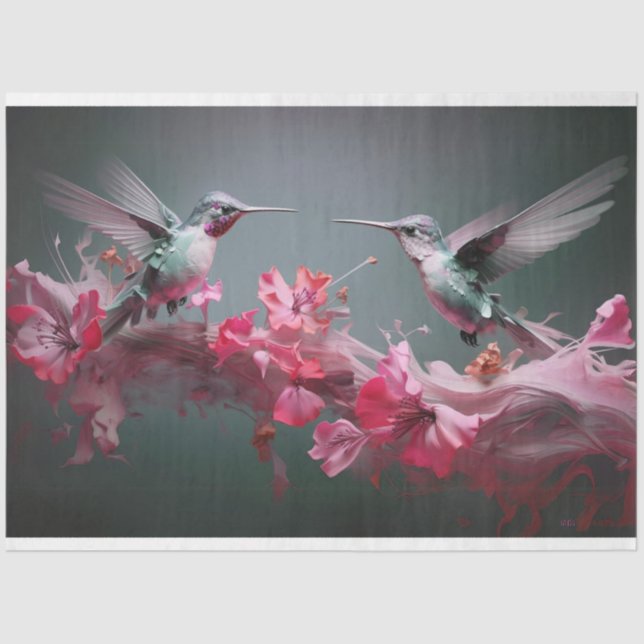 Hummingbirds in Flight Pink Flowers Decoupage #1 Tissue Paper (Front)
