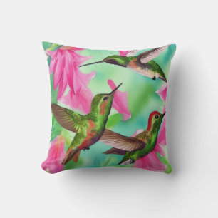 Hummingbirds in flowers watercolor joy throw pillow