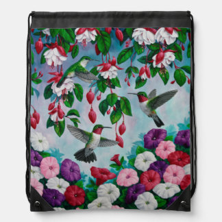 Hummingbirds in Fuchsia Flower Garden Drawstring Bag