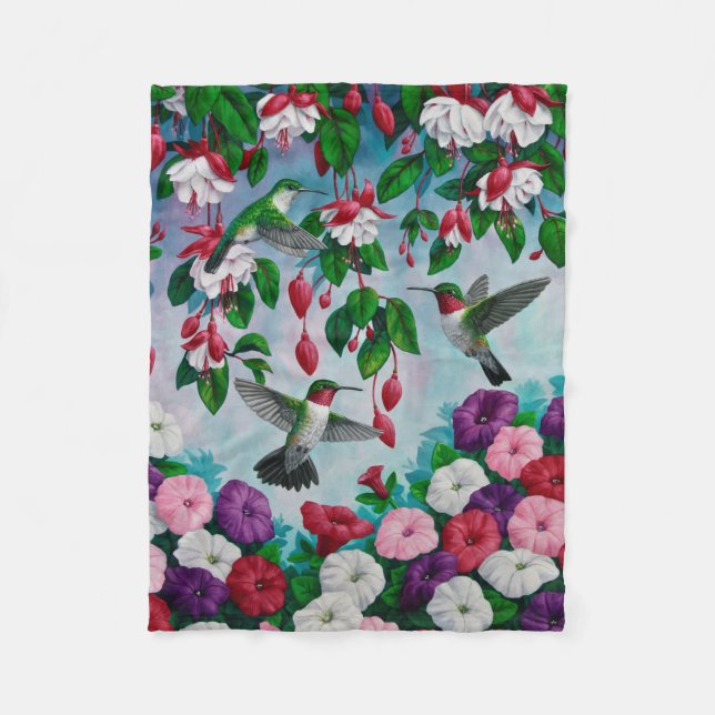 Hummingbirds in Fuchsia Flower Garden Fleece Blanket (Front)