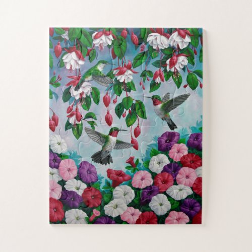 Hummingbirds in Fuchsia Flower Garden Jigsaw Puzzle