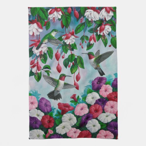 Hummingbirds in Fuchsia Flower Garden Kitchen Towel