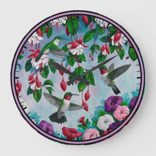 Hummingbirds in Fuchsia Flower Garden Large Clock