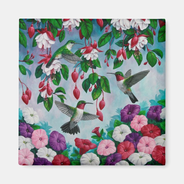 Hummingbirds in Fuchsia Flower Garden Magnet (Front)