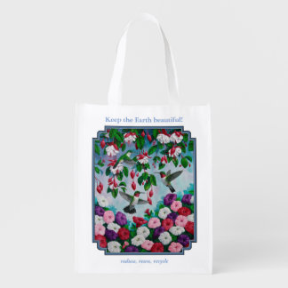 Hummingbirds in Fuchsia Flower Garden Reusable Grocery Bag