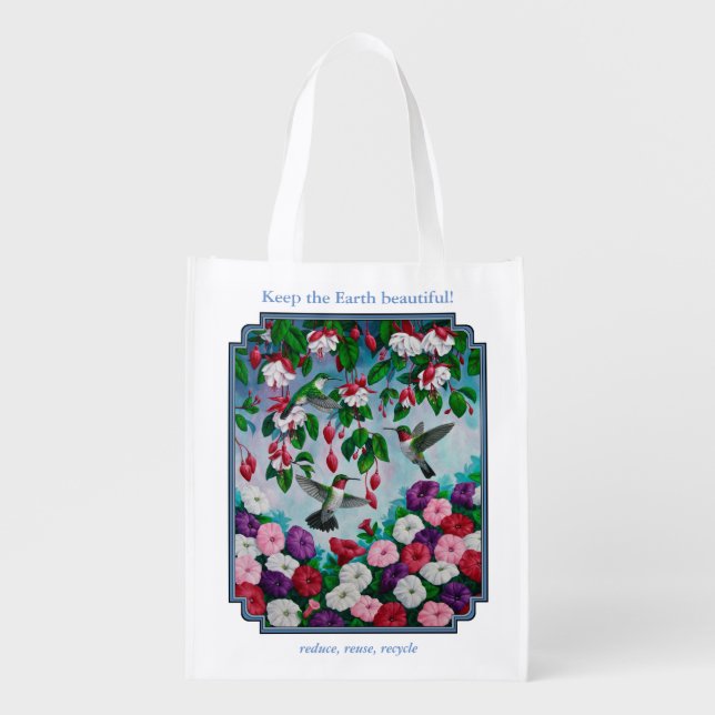 Hummingbirds in Fuchsia Flower Garden Reusable Grocery Bag (Front)