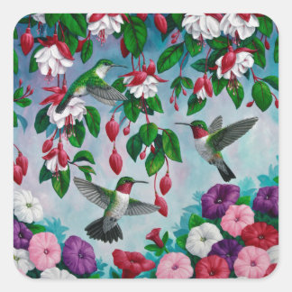 Hummingbirds in Fuchsia Flower Garden Square Sticker