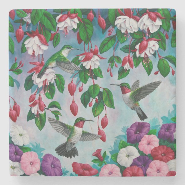 Hummingbirds in Fuchsia Flower Garden Stone Coaster (Front)