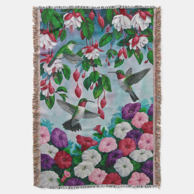 Hummingbirds in Fuchsia Flower Garden Throw Blanket (Front Vertical)