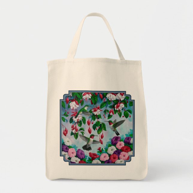 Hummingbirds in Fuchsia Flower Garden Tote Bag (Front)