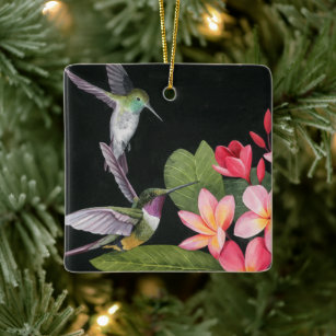 Hummingbirds In the Plumeria Ceramic Ornament