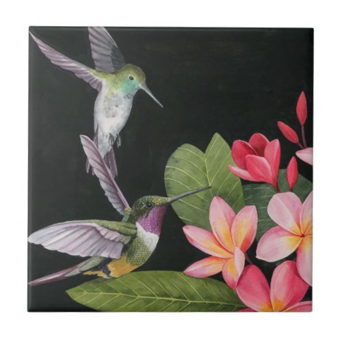 Hummingbirds In the Plumeria Ceramic Tile