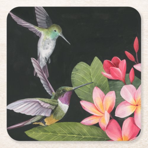 Hummingbirds In the Plumeria Square Paper Coaster