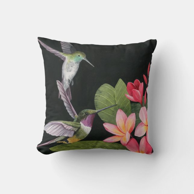 Hummingbirds In the Plumeria Throw Pillow (Front)