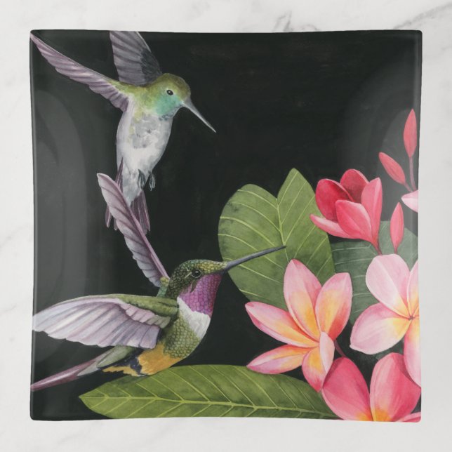 Hummingbirds In the Plumeria Trinket Tray (Front)