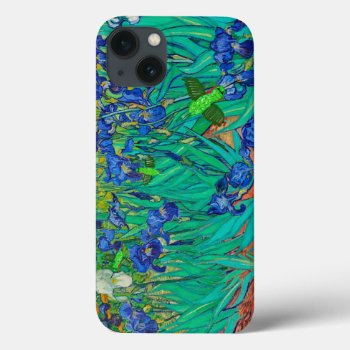 Hummingbirds On Vangough's Blue Irises Iphone 13 Case by CardArtFromTheHeart at Zazzle