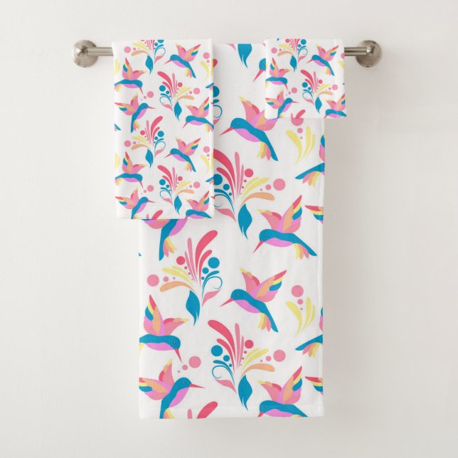 Hummingbirds Pastel Blue Pink Bird Pattern Design Bath Towel Set (Insitu)