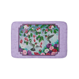 Hummingbirds Pink Fuchsia Flowers Lavender Bathroom Mat