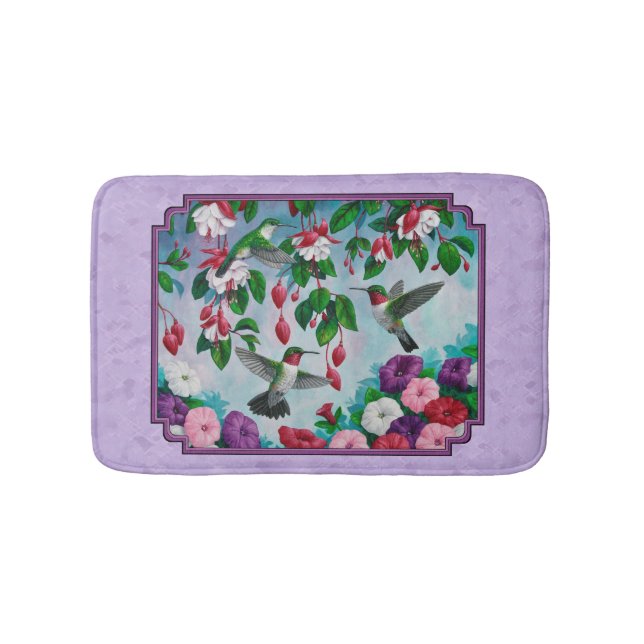 Hummingbirds Pink Fuchsia Flowers Lavender Bathroom Mat (Front)