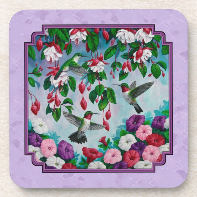 Hummingbirds Pink Fuchsia Flowers Lavender Drink Coaster (Front)