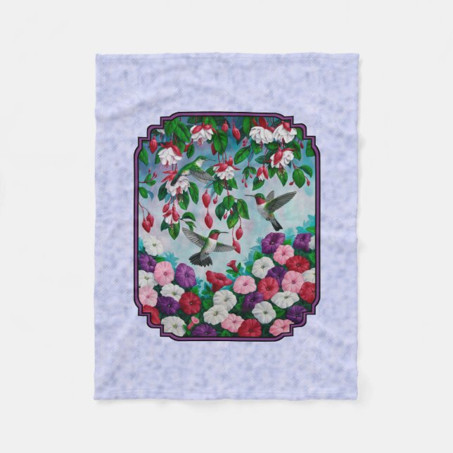 Hummingbirds Pink Fuchsia Flowers Lavender Fleece Blanket (Front)