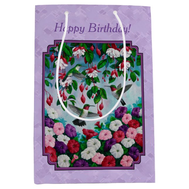 Hummingbirds Pink Fuchsia Flowers Lavender Medium Gift Bag (Front)