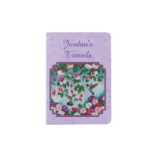 Hummingbirds Pink Fuchsia Flowers Lavender Passport Holder (Front)