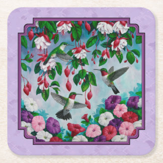 Hummingbirds Pink Fuchsia Flowers Lavender Square Paper Coaster