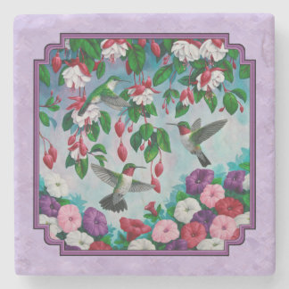 Hummingbirds Pink Fuchsia Flowers Lavender Stone Coaster