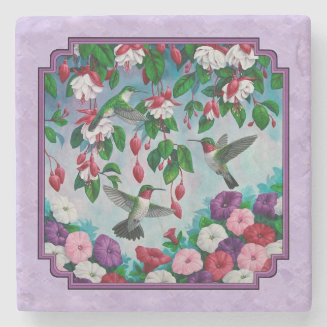 Hummingbirds Pink Fuchsia Flowers Lavender Stone Coaster (Front)