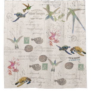 Hummingbirds Sea Turtles Blowfish French Ephemera Shower Curtain