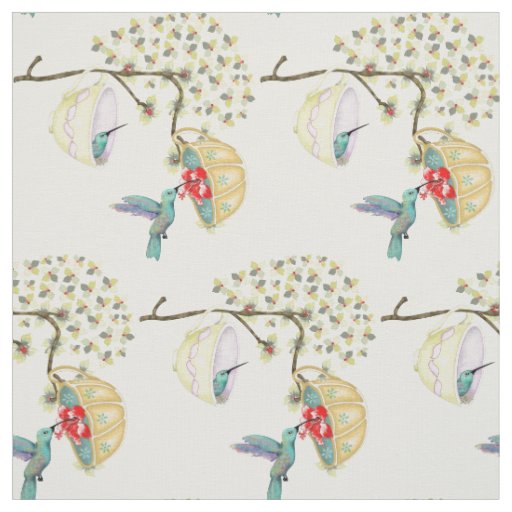 Hummingbirds Teacups Spring Floral Garden Fabric