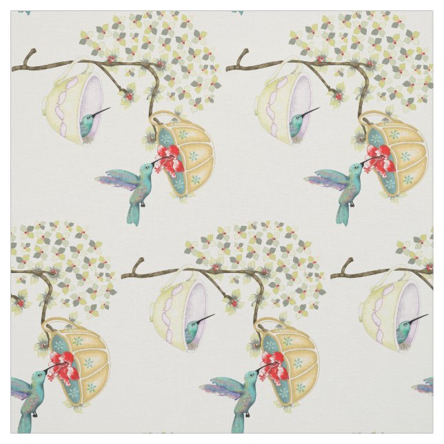 Hummingbirds Teacups Spring Floral Garden Fabric (Swatch)