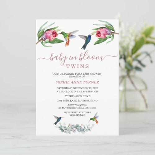 Hummingbirds Twins Pink Protea Baby in Bloom Invitation