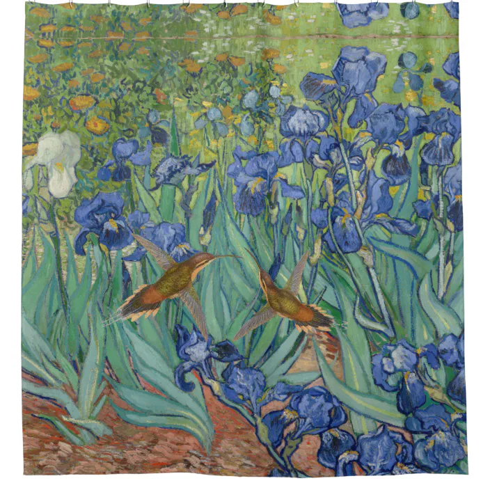 Hummingbirds Van Gogh Iris Flowers, Van Gogh Irises Shower Curtain