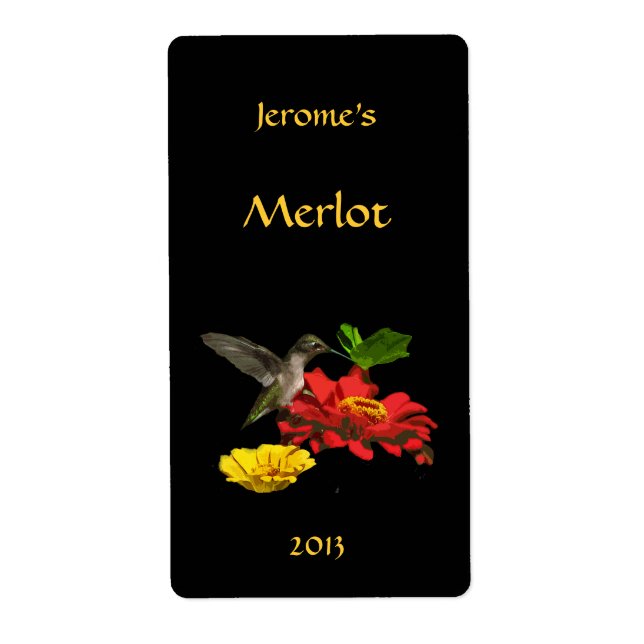 Hummmingbird on Zinnias Wine Label (Front)