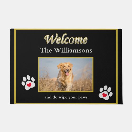 Humor Dog Photo Custom Black Gold Welcome   Doormat