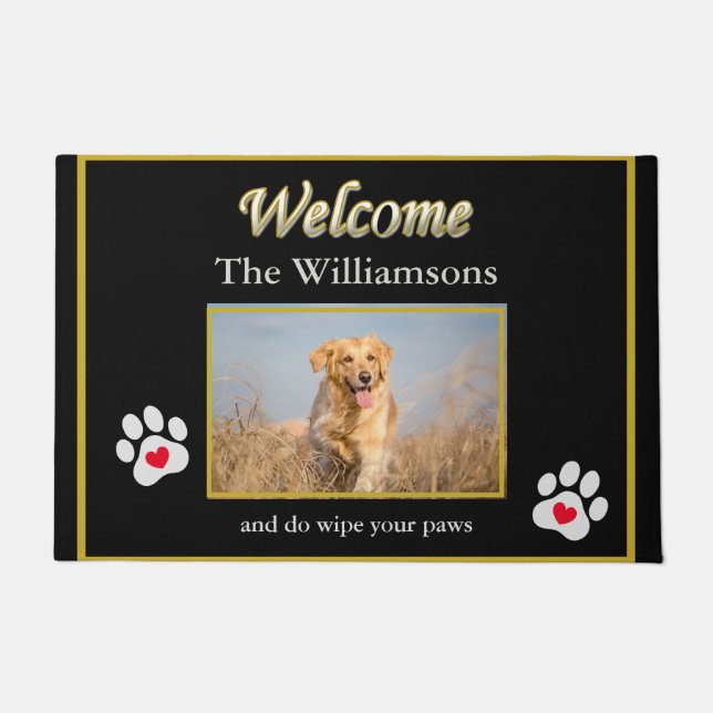 Humor Dog Photo Custom Black Gold Welcome   Doormat (Front)
