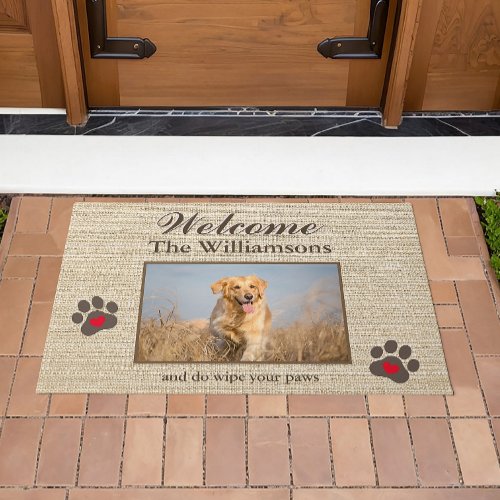 Humor Dog Photo Custom Burlap Texture Welcome   Doormat